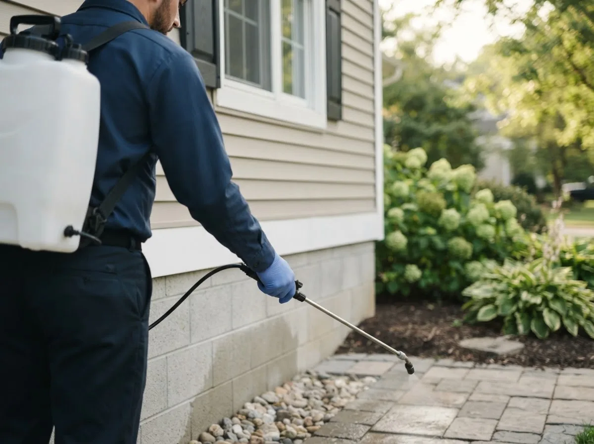 Pest control technician inspecting a home in Greenville, FL